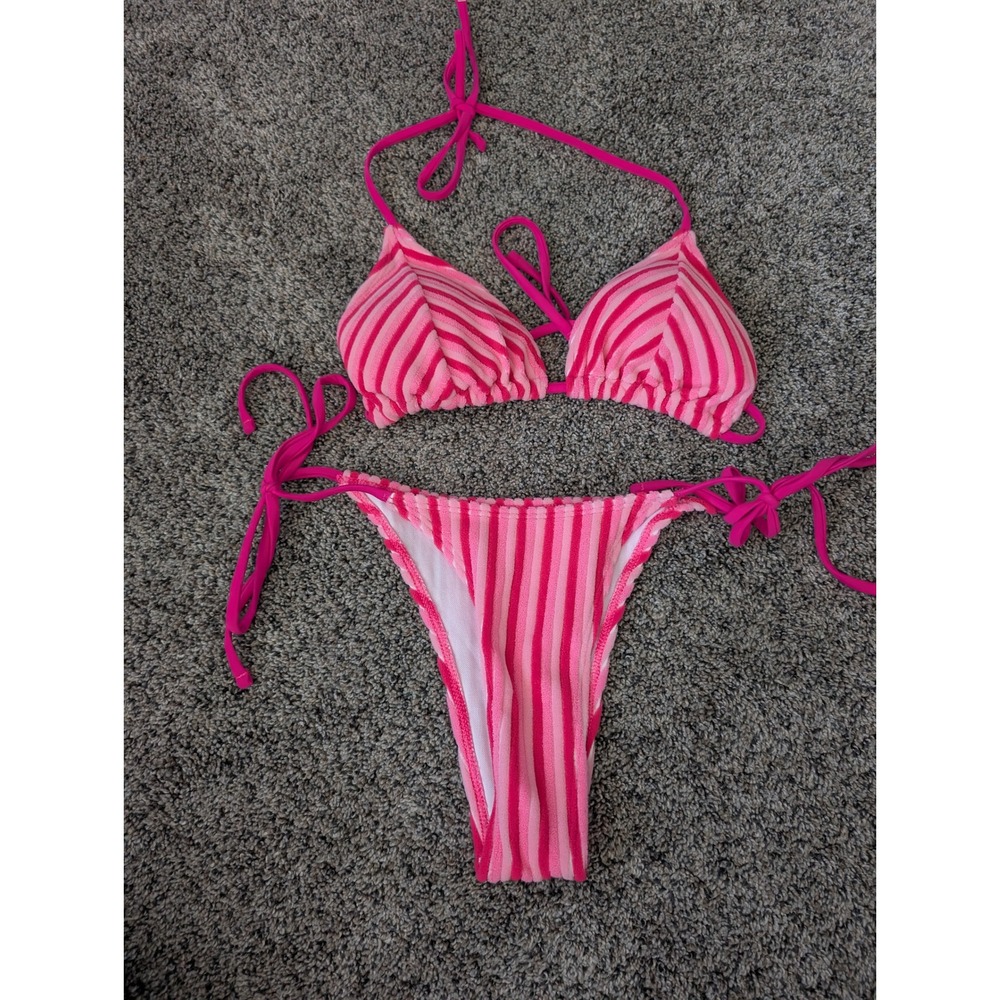 Pink Striped Terry Cloth Triangle Bikini Set Side Tie Swimsuit Women Size S/L